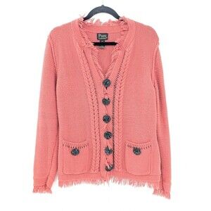 Pure Handknit 100% Cotton Pink Orange Boho Fringe Knit Cardigan Sweater S/M